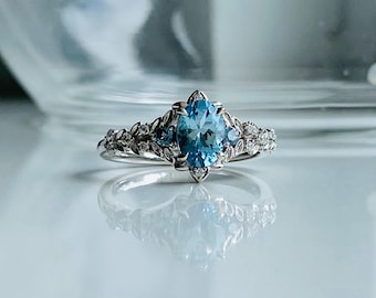 Arwen Aquamarine Engagement Ring: 14k White Gold, Sapphire & Diamond Cluster