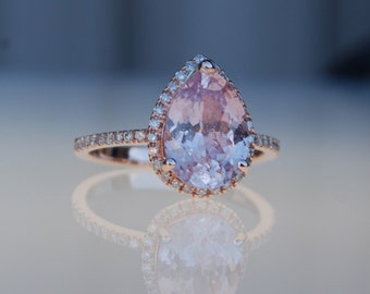 Pink sapphire engagement ring, pear cut sapphire and diamonds ring in rose gold, halo engagement ring by Eidelprecious ring engagement ring