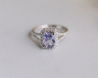 Lavender sapphire ring Engagement ring 14k white gold diamond ring 2.1ct emerald radiant cut purple blue sapphire ring by Eidelprecious