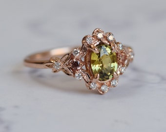Tauriel lime green sapphire ring. Fantasy ring. Rose gold engagement ring. Green and russet sapphire and diamond ring by Eidelprecious