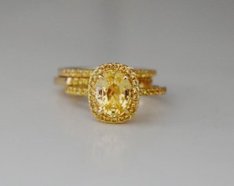 Yellow sapphire bridal set. Engagement ring, matching bands. Unique engagement rings. 14k Yellow gold engagement ring set by Eidelprecious.