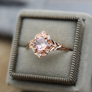 Galadriel ring, Fantasy themed engagement ring, Peach sapphire and diamond cluster ring, Warrior ring for her, 14k rose gold Eidelprecious