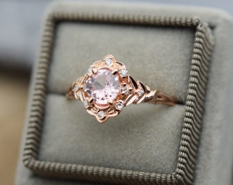 Galadriel ring, Fantasy themed engagement ring, Peach sapphire and diamond cluster ring, Warrior ring for her, 14k rose gold Eidelprecious