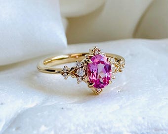 Dela Witchy Pink Sapphire Ring: 14k Gold Diamond Fantasy Engagement Ring