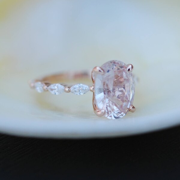 Natural Peach sapphire engagement ring. Oval sapphire and marquise diamonds ring. Godivah ring. One of a kind Engagement ring Eidelprecious