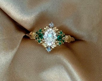 Mia alexandrite emerald diamond engagement ring in gold. Cluster, multi-stone, statement ring. Elven alternative ring, Lord of the Rings