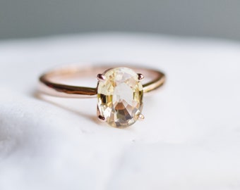 Yellow Champagne sapphire engagement ring. Light champagne sapphire 3.5ct oval ring 14k Rose gold ring. Engagement ring by  Eidelprecious