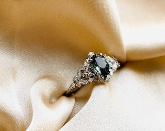 Greta sage green sapphire ring white gold ring. Fantasy ring with sapphire and diamonds 14k white gold by Eidelprecious.