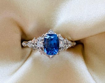 Eowen - Elven Blue Sapphire Engagement Ring: 14k White Gold, Lab Grown Diamonds