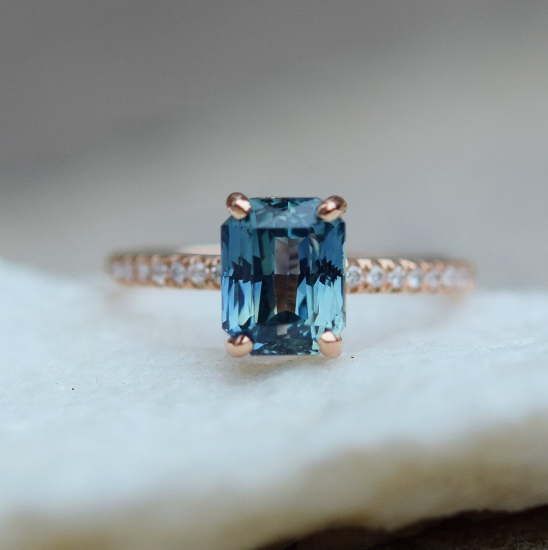Teal Sapphire Engagement Ring. 2.4ct Emerald Cut Blue Green Sapphire