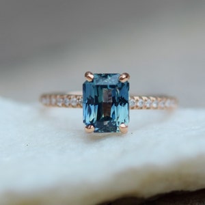 Teal sapphire engagement ring. 2.4ct emerald cut blue green sapphire ring diamond ring 14k Rose gold ring Blake design by Eidelprecious.