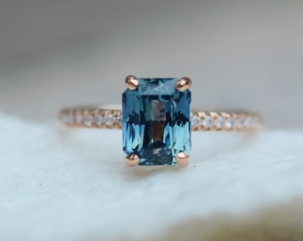 Teal sapphire engagement ring. 2.4ct emerald cut blue green sapphire ring diamond ring 14k Rose gold ring Blake design by Eidelprecious.