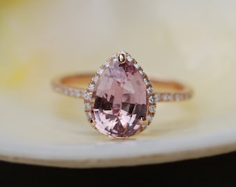 Peach sapphire engagement ring. Rose gold engagement ring 2.44ct pear cut sapphire diamond ring. Engagement ring by Eidelprecious