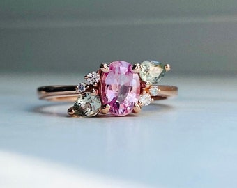 Flower Pink sapphire ring. Unique Floral Summer jewellery 2024. Pink and green sapphires and diamond ring 14k rose gold by Eidelprecious