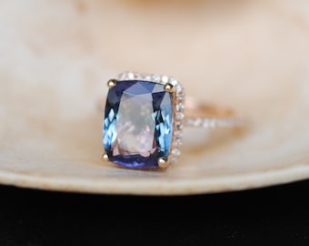 Tanzanite Ring in Rose Gold. Engagement Ring with cushion 5ct Lavender Mint Tanzanite, halo engagement ring 14k rose gold engagement ring