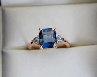 Green Martini engagement ring. Peacock sapphire engagement ring. 3ct emerald cut blue green sapphire ring diamond ring by Eidelprecious.