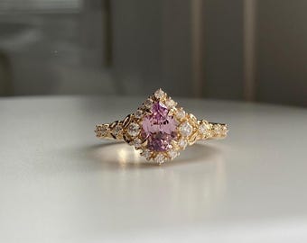 Kassandra Purple Sapphire engagement ring. Unique Fantasy gold engagement ring with sapphire and diamonds. Delicate intricate ring