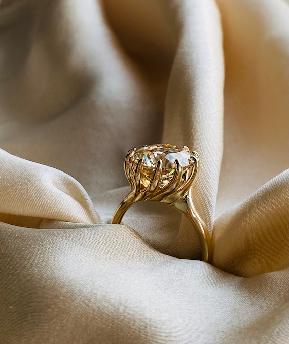 Disco Ball Champagne Moissanite Cocktail Gold Ring. Large Sparkling Round Moissanite Ring. Eidelpresious Chrysanthemum Design. Etsy