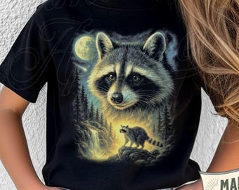 Youth Raccoon T-Shirt, Vintage Wildlife Graphic Tee for Kids, Moonlit Forest Animal Shirt, Nature Lover Retro Raccoon Tee, Silly Gift Kids