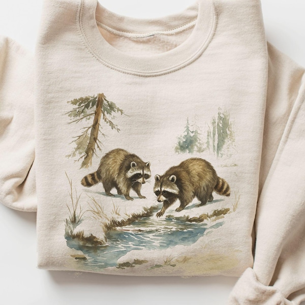 Vintage Raccoon Sweatshirt, Woodland Wildlife Graphic Crewneck, Cozy Sand Pullover, Rustic Nature Forest Animal Shirt, Gift Raccoon Lover