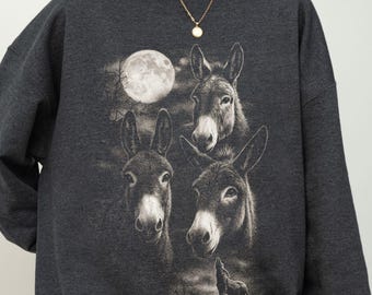 Donkey Moon Sweatshirt, Funny Vintage Style Graphic Pullover with Three Donkeys and Full Moon, Cozy Unisex Western Animal Sweater