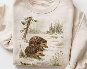 Hedgehog Sweatshirt, Two Hedgehogs in Forest Graphic Pullover, Cozy Woodland Animal Top, Rustic Nature Unisex Crewneck, Gift Hedgehog