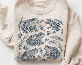 Frog Nature Sweatshirt, Vintage Pond Life Frogs Pullover, Dragonflies & Botanical Wildlife Graphic, Cottagecore Crewneck, Frogcore Gift