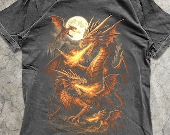 Dragon Graphic Tee Fire Dragon Fantasy Full Moon T-Shirt Mythical Creature Top Gothic Medieval Shirt Gift for Fantasy Lovers & Gamers