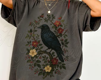 Vintage Raven T Shirt, Gothic Cottagecore Tee, Crow and Floral Graphic Top, Dark Nature Shirt, Witchy Aesthetic Gift, Retro Bird Tee For Her