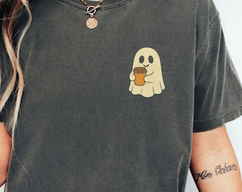 Minimalist Ghost Coffee Shirt, Cute Pocket Graphic Tee, Spooky Halloween Coffee Lover T-Shirt, Cozy Fall Top with Ghost Design, Gift For Her