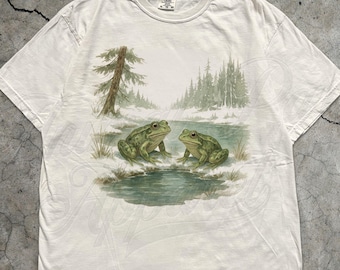 Frog Nature T-Shirt, Two Frogs by Pond Graphic Tee, Vintage Animal Graphic Tee, Cottagecore Nature Shirt, Woodland Amphibian Unisex Top