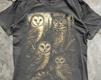 Owl Shirt Graphic Tee, Vintage Forest Night Birds T-Shirt, Wildlife Lover Gift, Boho Nature Top Cottagecore Aesthetic Animal Graphic Unisex