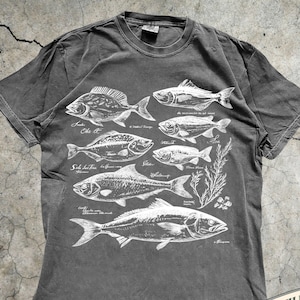 May include: Pepper-colored t-shirt featuring a detailed white illustration of various fish species. The design includes scientific names and botanical elements. The shirt has a classic crew neck and short sleeves. The text "MADE WITH LOVE BY ANIMAL PARC APPAREL" is printed on the bottom right.