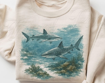 Sharks Sweatshirt, Gift Shark Lover, Sharks Under Water Graphic Tee, Ocean Wildlife Animal Sweater, Sea Animals Vintage Crewneck, Beach Top