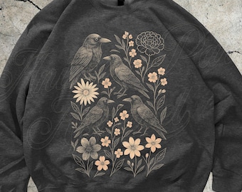 Vintage Crow Sweatshirt, Raven Crewneck, Gothic Flowers Shirt, Cottagecore Gift, Floral Bird Illustration Pullover, Cozy Winter Sweater