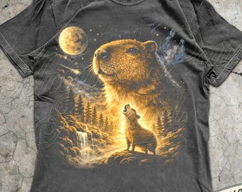 Capybara Howling to the Moon Vintage T-Shirt, Full Moon Capybaras Graphic Tee, Funny Wildlife 90s Shirt, Capybara Lover Gift, Comfort Colors