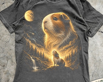 Guinea Pig Howling to the Moon T-Shirt, Guinea Pigs Graphic Tee, 90 Retro Howling Moon Animals, Gift Guinea Pig Lover, Funny Pet Gifts