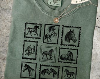 Wild Horses Vintage T Shirt, Western Cowgirl Tee, Horses Postal Stamps Graphic Tee, Gift Horse Lover, Horse Rider Top Shirt, Cute Gift Women
