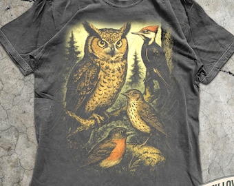 Owl Bird Shirt Vintage Wildlife Graphic Tee, Nature Lover Gift, Forest Birds T-Shirt, Great Horned Owl Art, Woodpecker Illustration Top