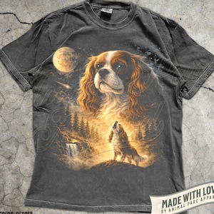 Cavalier Howling to The Moon Vintage T-Shirt, 90s Retro Animal Graphic Tee, Cavalier King Charles Spaniel Shirt, Silly Full Moon Dog Shirt
