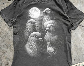 Pigeon Moon T Shirt Vintage Bird Graphic Tee, Retro Animal Shirt, Full Moon Animals, Pigeon Theme Gift, 90s Vintage Acid Washed T Shirt