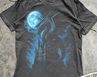 Vintage Dragon Castle Shirt, Unisex Fantasy Moon Graphic Tee, Retro Gothic Medieval T-Shirt, Mythical Dragon Gift, Dark Fantasy Style Top