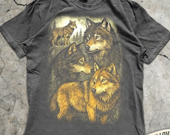 Wolf Shirt Wilderness Graphic Tee, Nature Wildlife T-Shirt, Moon Wolf Pack Top Forest Animal Lover Gift Boho Outdoors Hiking Camping Apparel