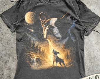 Boston Terrier Howling To The Moon T-Shirt, Vintage Graphic Dog Lover Shirt, Gift Boston Terrier, 90s Full Moon Dog Shirt, Silly Terrier Tee