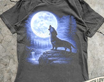Dachshund Howling Moon Shirt, 90s Wiener Dog Graphic Tee, Full Moon Dog Shirt, Funny Dog Tee, Gift Dachshund Owner, Retro Dachshund Tee