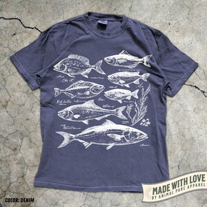 May include: Denim blue t-shirt featuring a detailed white illustration of various fish species, each labeled with their scientific names. The shirt includes the text "MADE WITH LOVE BY ANIMAL PARC APPAREL" on a banner.