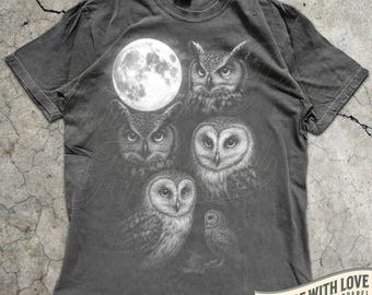 Owl T Shirt Vintage Moon Graphic Tee, Nocturnal Wildlife Shirt, Barn Owl Great Horned Owl Art, Nature Lover Gift, Forest Animal Retro Top