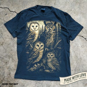Owl Shirt Graphic Tee, Vintage Forest Night Birds T-Shirt, Wildlife Lover Gift, Boho Nature Top Cottagecore Aesthetic Animal Graphic Unisex True Navy