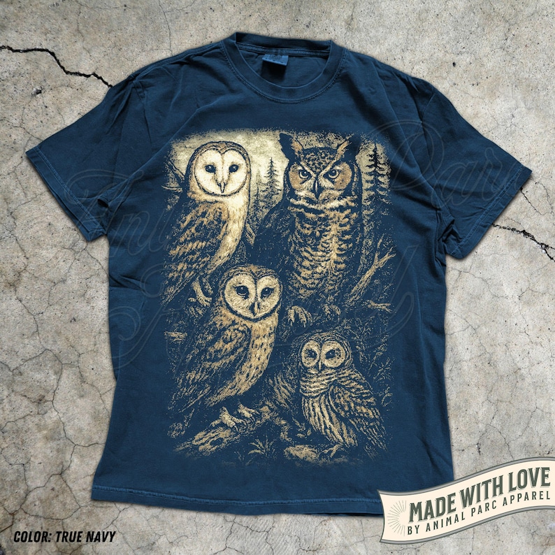 Owl Shirt Graphic Tee, Vintage Forest Night Birds T-Shirt, Wildlife Lover Gift, Boho Nature Top Cottagecore Aesthetic Animal Graphic Unisex True Navy