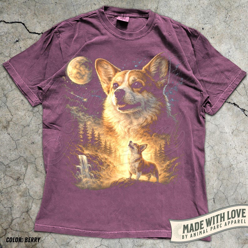 May include: Berry-colored t-shirt featuring a detailed illustration of a Corgi dog with a celestial background, including a moon, stars, and a waterfall. The design also includes a smaller Corgi and trees. The text "MADE WITH LOVE BY ANIMAL PARC APPAREL" is visible.